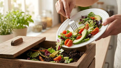 Food Waste and Environmental Sustainability Concept: Scraping Fresh Salad Leftovers into Compost Bin for Decomposing