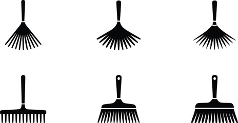 Diverse black silhouette icons featuring various models of rakes suitable for outdoor and garden tasks