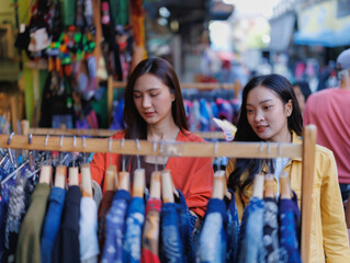 Two young Asian women friends enjoying their shopping leisure, browsing colorful clothes on hangers at an outdoor street market, selecting items for purchase
