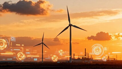 Wind turbines at sunset with digital overlays - Powered by Adobe