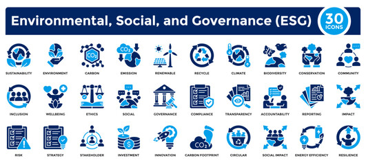 Environmental, Social, and Governance (ESG) icon collection. Containing sustainability, environment, social, governance, carbon, renewables, emissions, conservation, risk, innovation.