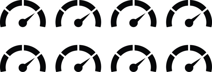 Eight identical black speedometer icons displaying a medium measurement on a clean white background