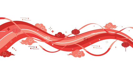 Vibrant red wavy abstract design with traditional Asian clouds and festive lanterns, creating a dynamic cultural background for celebrations and events, vector illustration