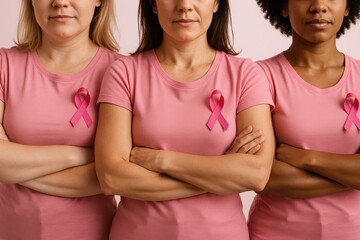 Support in Pink: Three women of diverse backgrounds stand together, each adorned with the pink ribbon symbolizing breast cancer awareness, embodying unity and strength in the face of adversity.