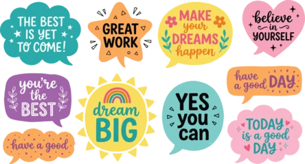 Fotobehang Positive Typography Motivational quote stickers with colorful speech bubbles positive messages hand drawn illustration for self improvement social media branding  © Nilufa Creative