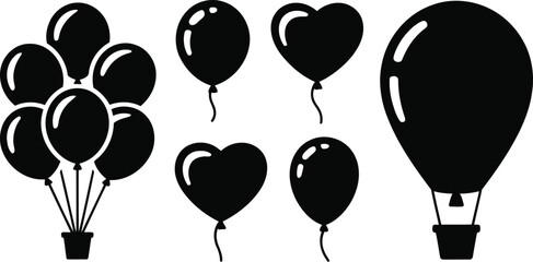 Ensemble of black outline balloons, heart shaped balloons, and a hot air balloon with a pot