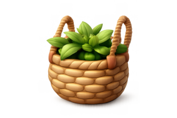 Simple woven basket icon with green leaves for design and decoration