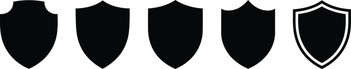 Five black silhouette shield icons representing protection and security concepts on a white backdrop