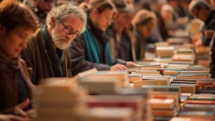 Book reading culture Picture a busy outdoor market with a prominent bookstall, where diverse people of all ages are browsing, discussing, and purchasing books, emphasizing a vibrant community of reade