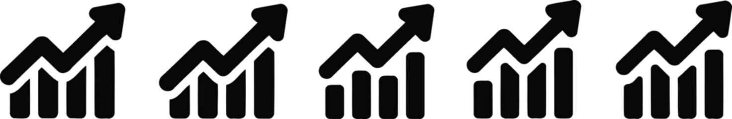 Five identical black bar graphs with upward trending lines and arrows on a white background