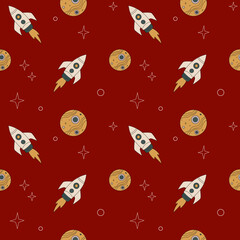 Dark red space background with hand drawn rockets, planets and stars, creating a calm cosmic mood for kids and creative surface design