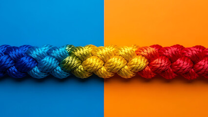 Tightly Braided Multicolor Rope Connecting Blue and Orange Backgrounds, Close-Up Graphic View of Strong Unity