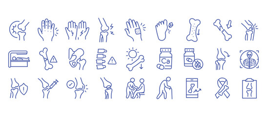 Medical line icon set. Vector pictograms of arthritis, osteoporosis, pain, injury, inflammation, injection, diagnosis, prevention, healthcare, calcium supplement, skeleton, thin linear illustration.