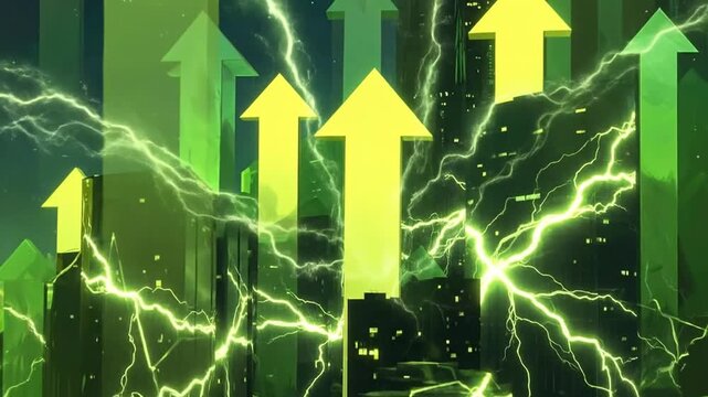 Green arrows pointing up over a city with lightning strikes.