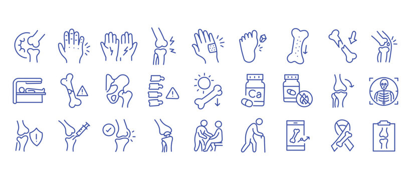 Medical line icon set. Vector pictograms of arthritis, osteoporosis, pain, injury, inflammation, injection, diagnosis, prevention, healthcare, calcium supplement, skeleton, thin linear illustration.