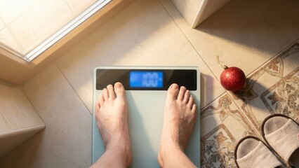 Person Weighing Themselves on Bathroom Scale Weight Health Fitness. Concept featuring weight, scale, bathroom, health, fitness.
