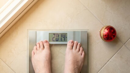 Person Weighing Themselves on a Digital Scale Weight Feet Measurement. Concept featuring weight, scale, feet, digital, measurement.