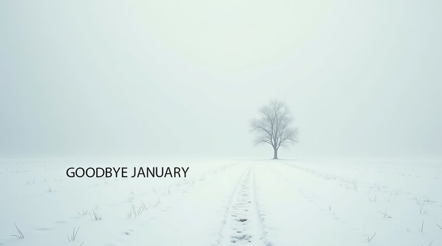 A solitary tree stands in a vast snowy landscape, capturing the serene essence of winter with the phrase 'Goodbye January' in view.
