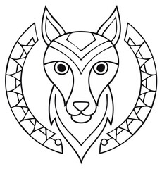 Obraz premium Stylized Wolf Head Framed by Geometric Wreath Line Art Design Tribal Icon Animal Mascot Shape Predatory Nature Vector Graphics