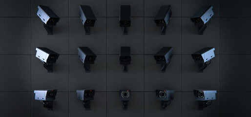 Security, CCTV, surveillance cameras on dark wall, total control background
