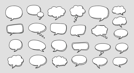 Collection of diverse hand-drawn speech and thought bubbles in various shapes and sizes for communication and design projects.