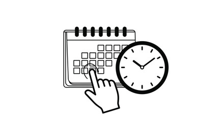 Graphic illustration of a human hand pointing at a calendar date next to a clock representing business time management and planning.