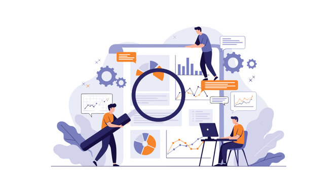 Researchers using a large magnifying glass to analyze data charts and financial reports on a giant clipboard document during a meeting.
