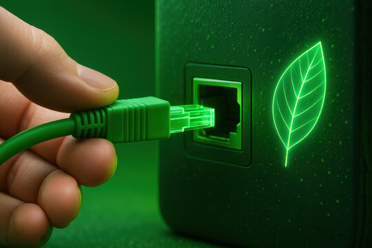 Green cable sustainability plug green technology concept eco innovation network ethernet cable connection energy efficient device glowing leaf icon clean energy future eco friendly design
