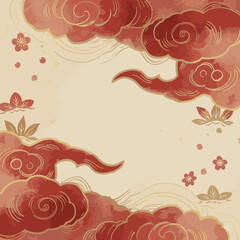 Beautiful traditional asian watercolor background featuring auspicious red clouds and delicate floral motifs © sehrish