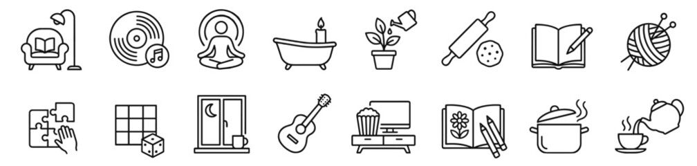 Home hobbies, leisure activities, and relaxation routines like reading, yoga, cooking, and music, line icons set