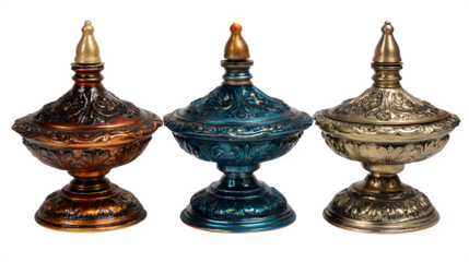 Antique copper and brass vases stand beside an antique bronze candlestick and a traditional metal samovar, arranged like a strategy game of gold and black chess pieces on old wood