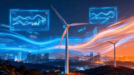 Wind turbines and city skyline at night - Powered by Adobe