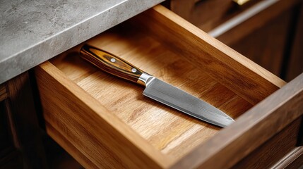 Kitchen drawer featuring a sharp stainless steel knife with a wooden handle resting on a polished wooden surface, showcasing culinary tools and organized kitchen space