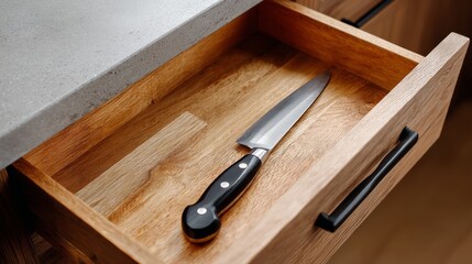 Kitchen drawer featuring a sharp stainless steel knife resting on a wooden surface, showcasing minimalist design and organized culinary tools for efficient cooking preparation