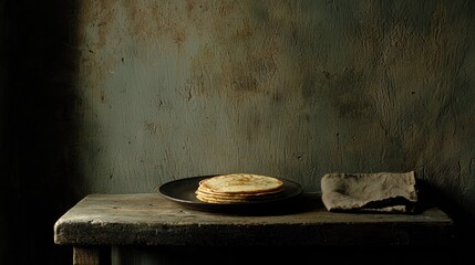 Stacked pancakes on dark plate against weathered wall.