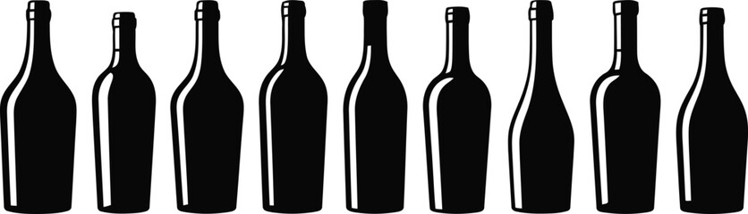 Nine distinctive black silhouette wine bottles showcase their various forms on a simple white canvas