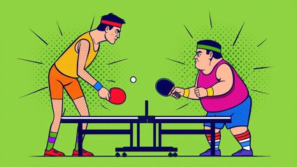 Digital illustration of two men competing in a table tennis match on a bright green background. Sports competition and excitement.