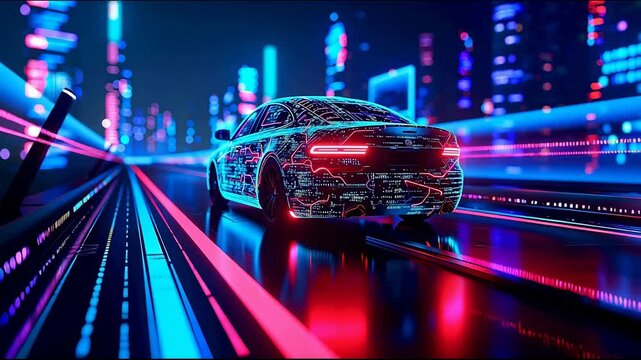 3D render digital circuit skin sedan rear side view, driving in neon city night, automotive cyber security data transmission and V2X smart traffic concept video footage.