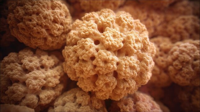 Detailed macro shot of clustered HPV warts exhibiting rough cauliflowerlike keratinized skin papules.