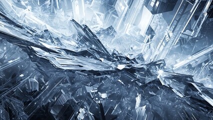 A close up view of shattered glass with sharp shards and fragments in shades of blue and white light reflecting on a dark background with broken glass