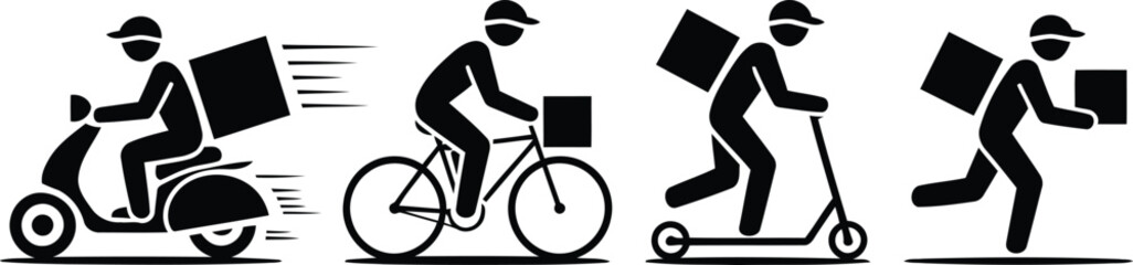 People delivering packages using a scooter, bicycle, push scooter, and by running for quick service