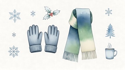 Winter accessories including blue gloves scarf snowflakes holly tree and steaming mug on white background for cold weather concepts with frosty