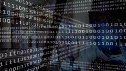 female welder holding torch, welding metal beam in workshop, cascading binary code overlay - Powered by Adobe