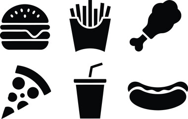 Popular fast food items presented as a set of six classic black silhouette icons on white