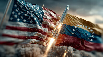 Rocket launching between USA and Venezuela flags amid dramatic sky and rising smoke