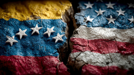 Venezuela and USA flags cracked on textured wall with fallen stars