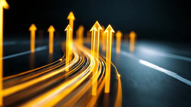 Dynamic 3D illustration of golden arrows and a road symbolizing business and success