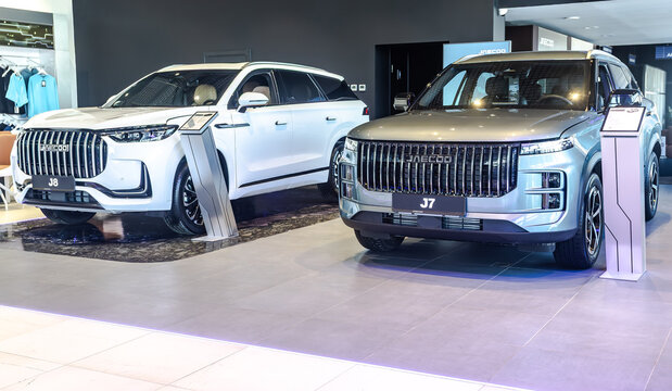 Jaecoo J7 and J8 vehicles inside in the official dealer center. Chinese automobile manufacturer