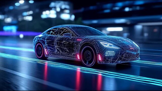 3D render digital pixel camouflage car rear view, cyber security and data tracking concept, automotive anti-hacking encryption and backend system protection video footage.