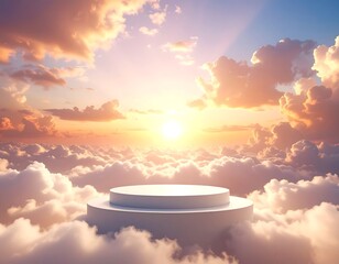 A cloud-filled scene at sunset with a white podium floating amidst fluffy clouds with sunlight shining through
